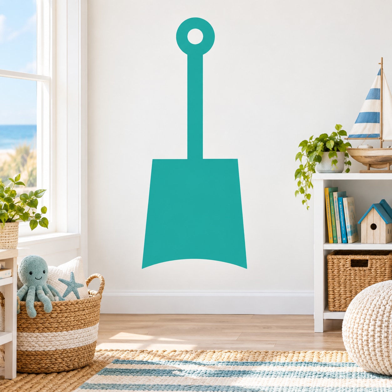Teal shovel wall decal with round handle icon, vinyl sticker for wall
