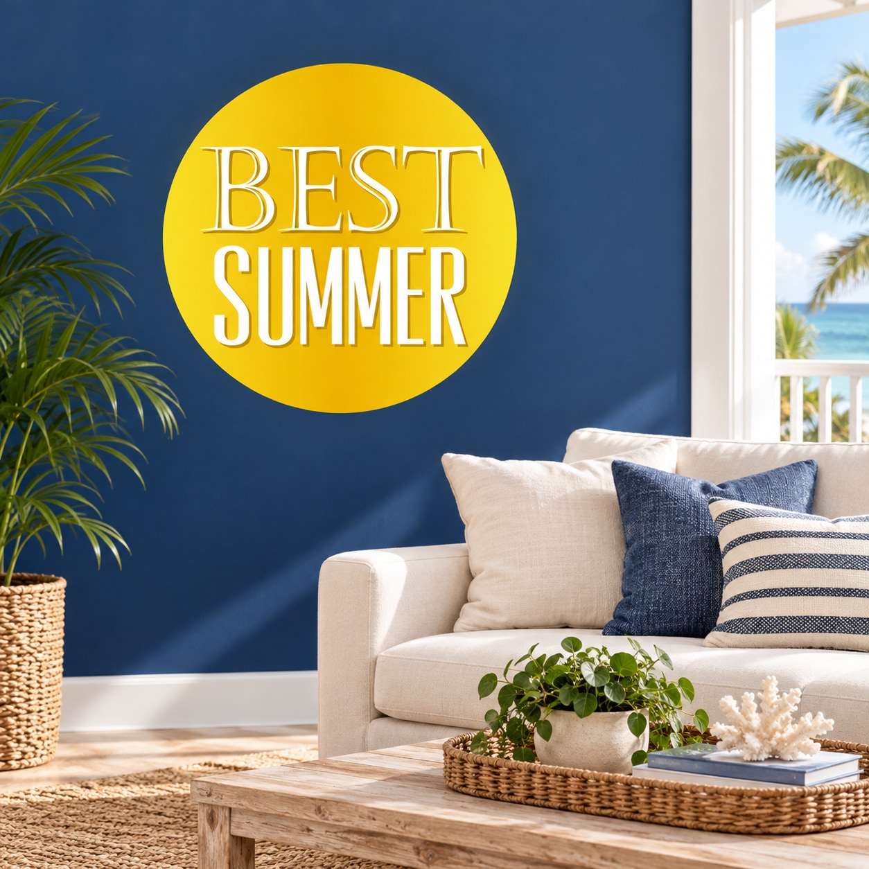 Round wall quote decal with yellow circle and white text “BEST SUMMER”