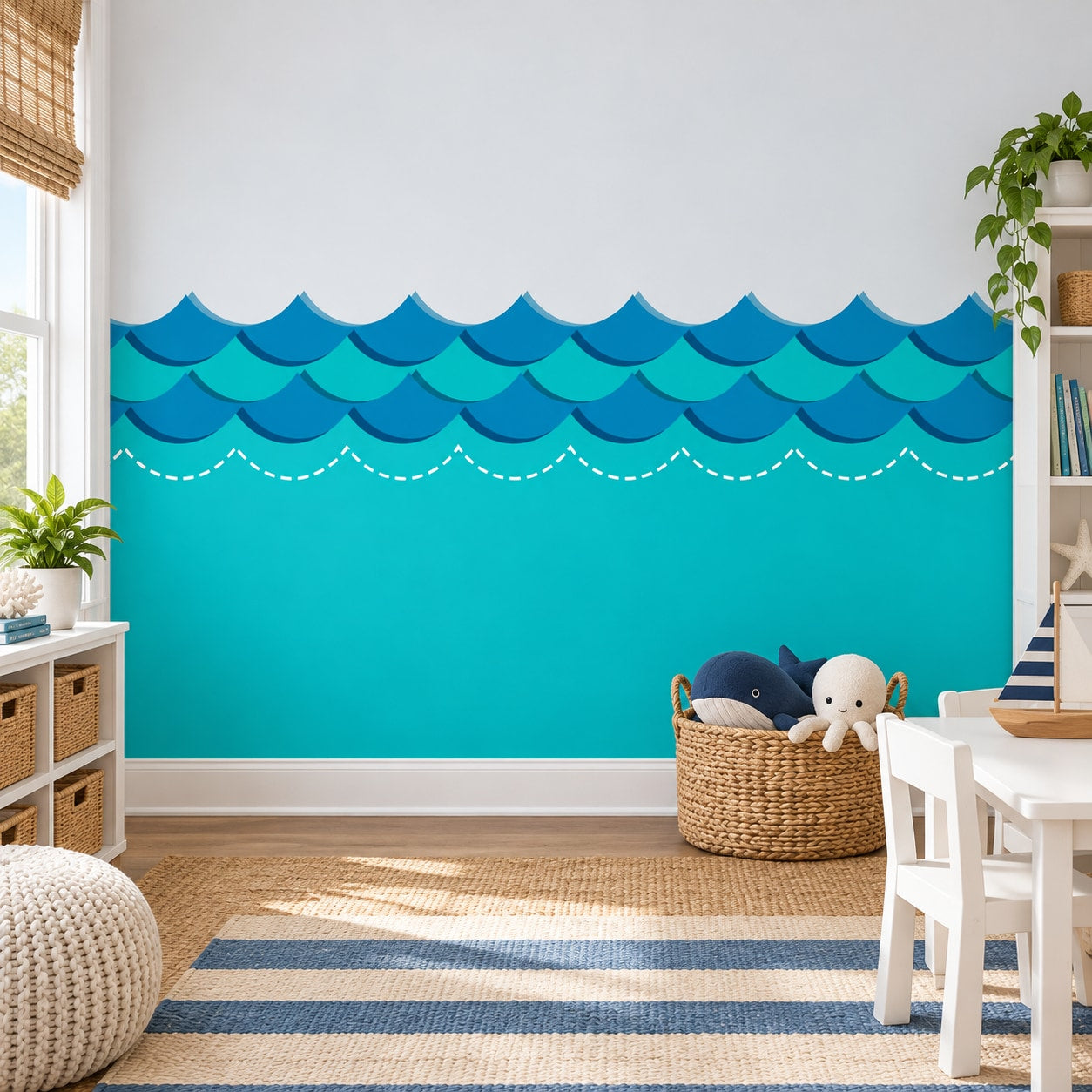 Blue wave pattern wall vinyl decal with scalloped sea foam design border