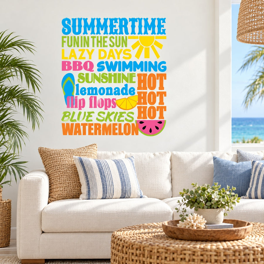 Colorful summer word collage wall decal with bright text and watermelon slice graphic