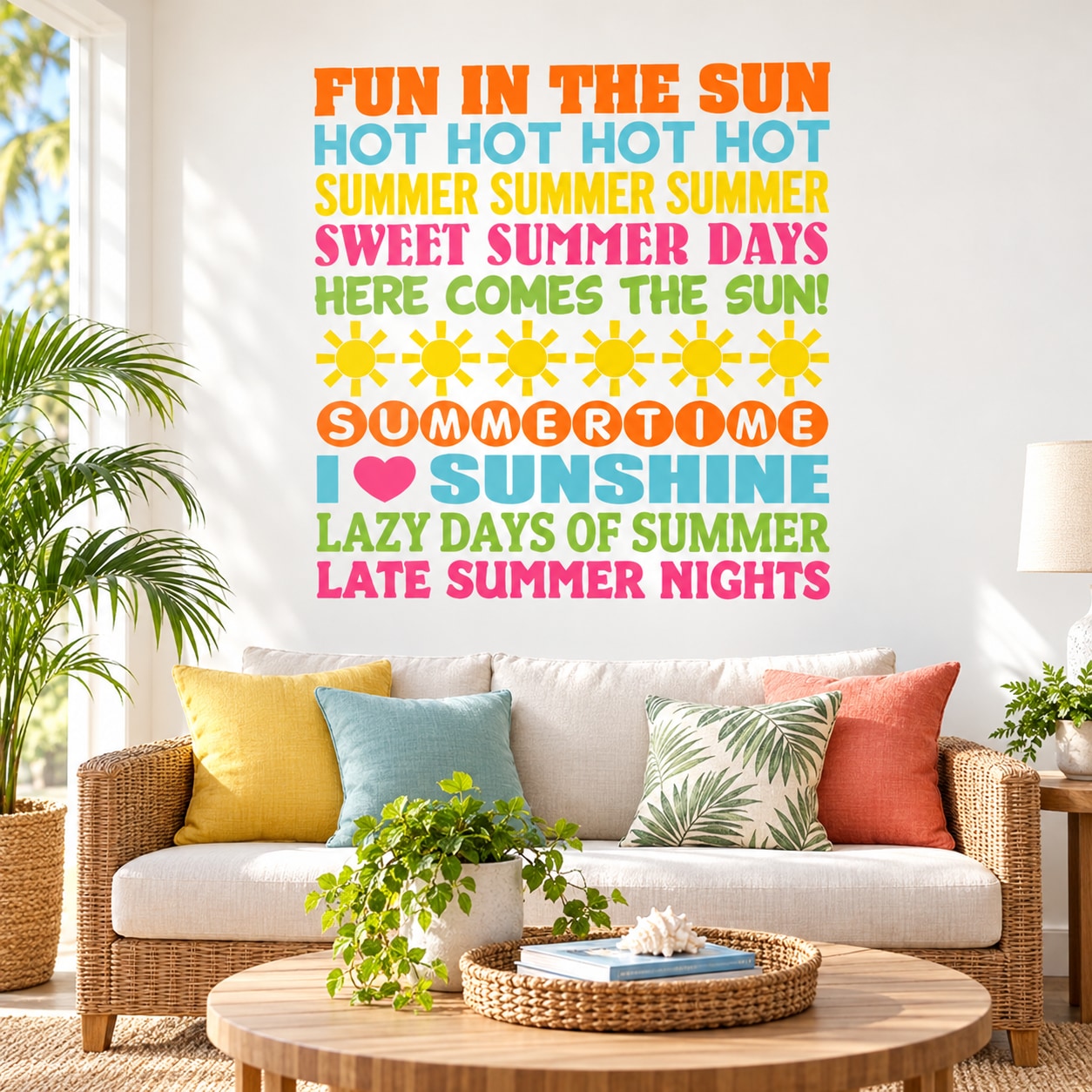 Colorful summer word-collage wall decal with phrases like FUN IN THE SUN and HOT HOT HOT