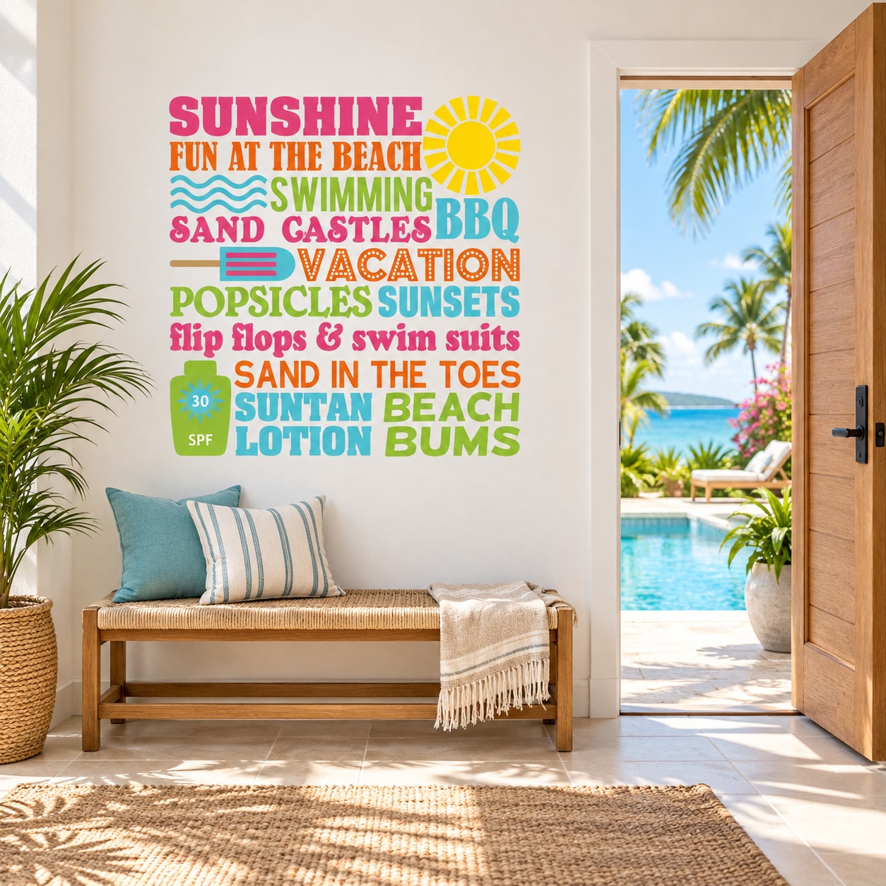 Beach summer word collage wall decal with sun icon and colorful text