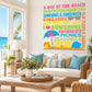 Die-cut beach word collage decal with colorful text, sunglasses, sun and umbrella graphics