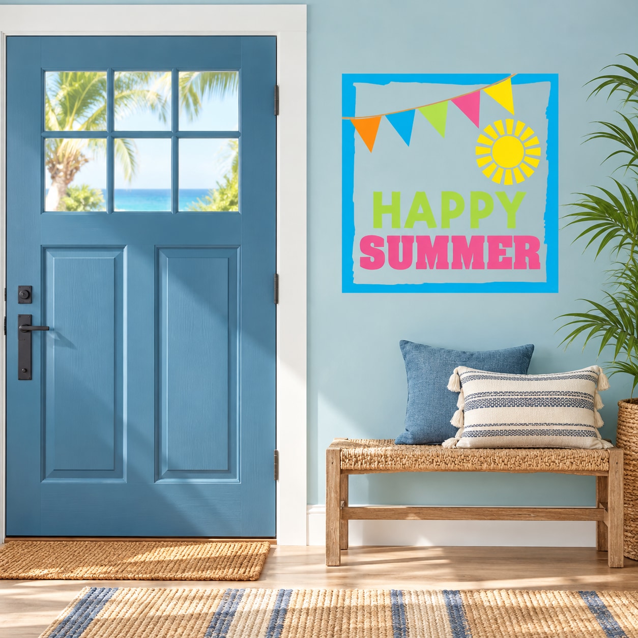 Happy Summer die-cut decal with colorful banner flags, sun icon, and bold text