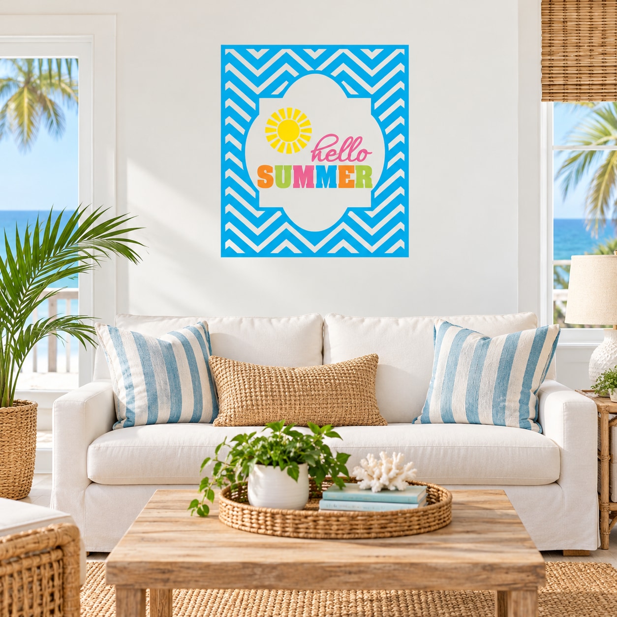 Hello Summer die cut wall decal, blue chevron circle with sun and text