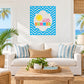 Hello Summer die cut wall decal, blue chevron circle with sun and text