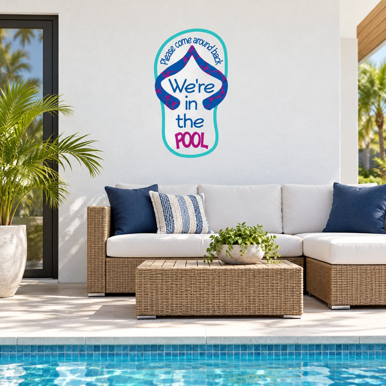 Pool sign decal with "We're in the Pool" text in colorful oval graphic