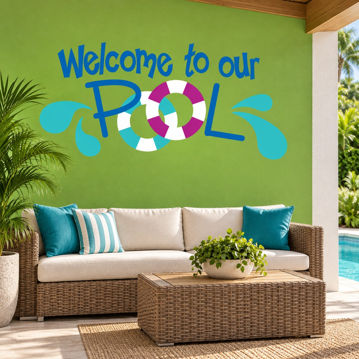 Welcome to our pool wall decal with colorful “Welcome to our POOL” text