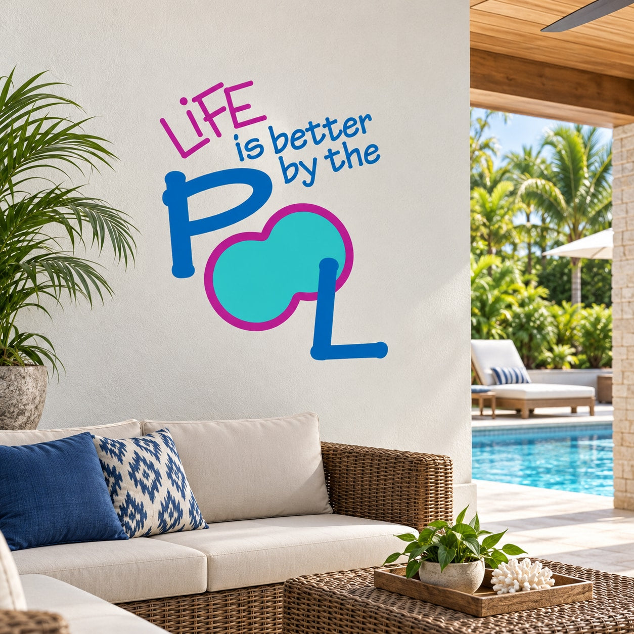 Colorful pool-themed wall decal reading Life is better by the pool with float icon