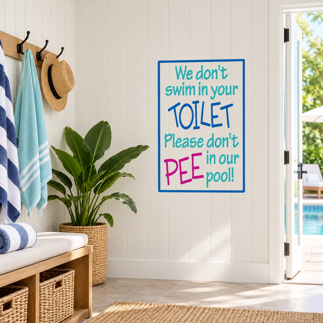 Bathroom wall decal with blue border: “We don’t swim in your TOILET; don’t PEE in our pool!”