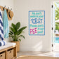 Bathroom wall decal with blue border: “We don’t swim in your TOILET; don’t PEE in our pool!”