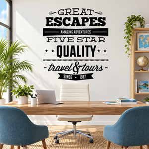 Great Escapes wall decal with black quote typography, stars, and travel fours since 1987