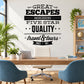 Great Escapes wall decal with black quote typography, stars, and travel fours since 1987