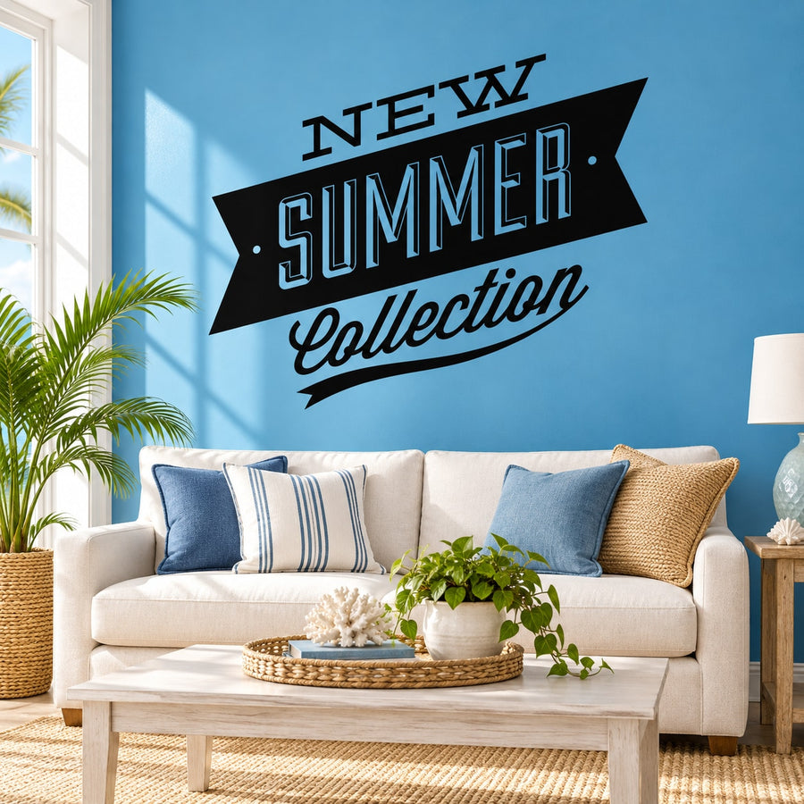 Wall decal reading "NEW SUMMER Collection" with black banner and teal lettering