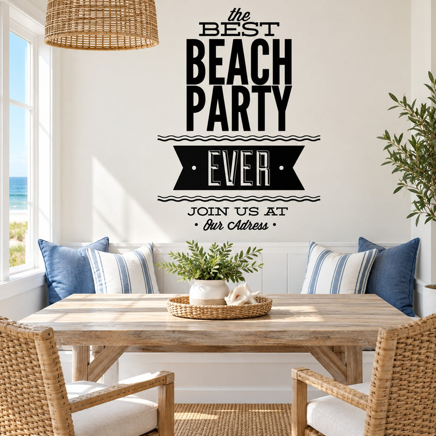 Beach party join us wall decal with bold black and white text and wave accents