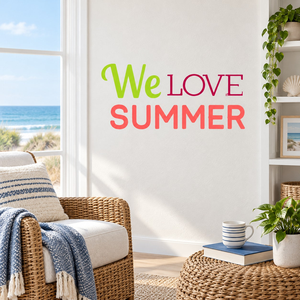 “We LOVE SUMMER” quote wall decal, green and red lettering on a light background