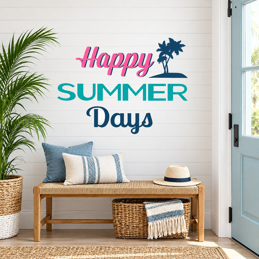 Happy Summer Days wall decal with palm tree silhouette, colorful vinyl quote text