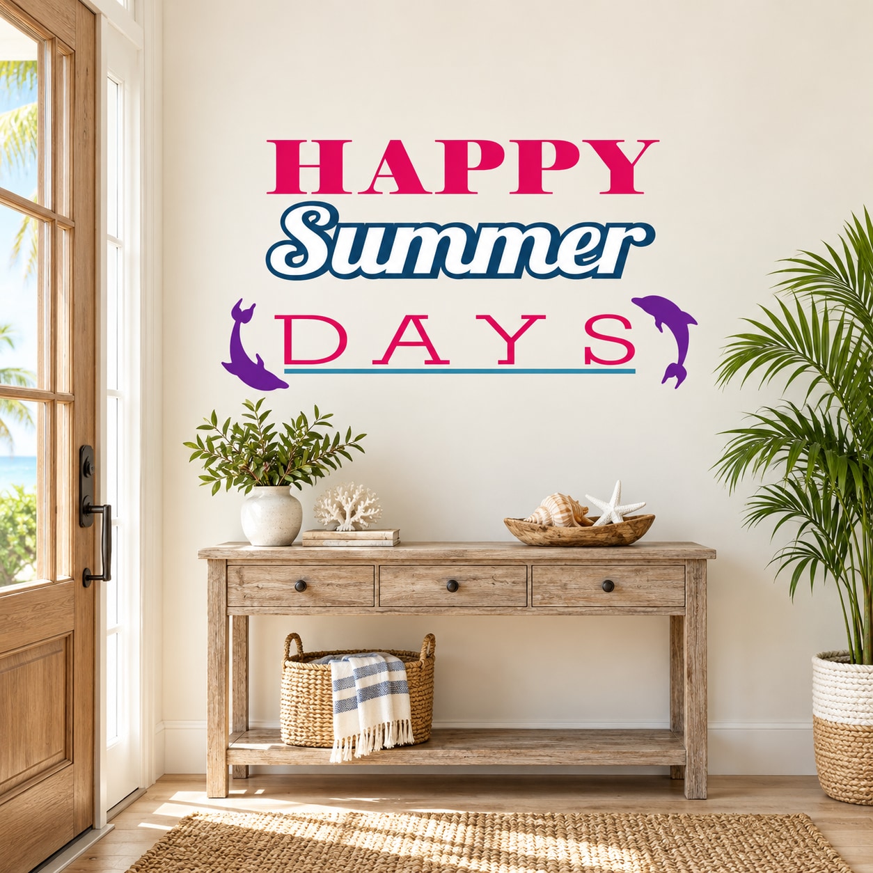 Happy Summer Days wall decal with purple dolphin silhouettes and beach quote text