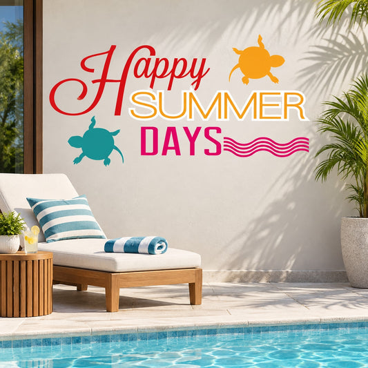 Happy Summer Days turtle wall decal with multicolor quote and wave stripes