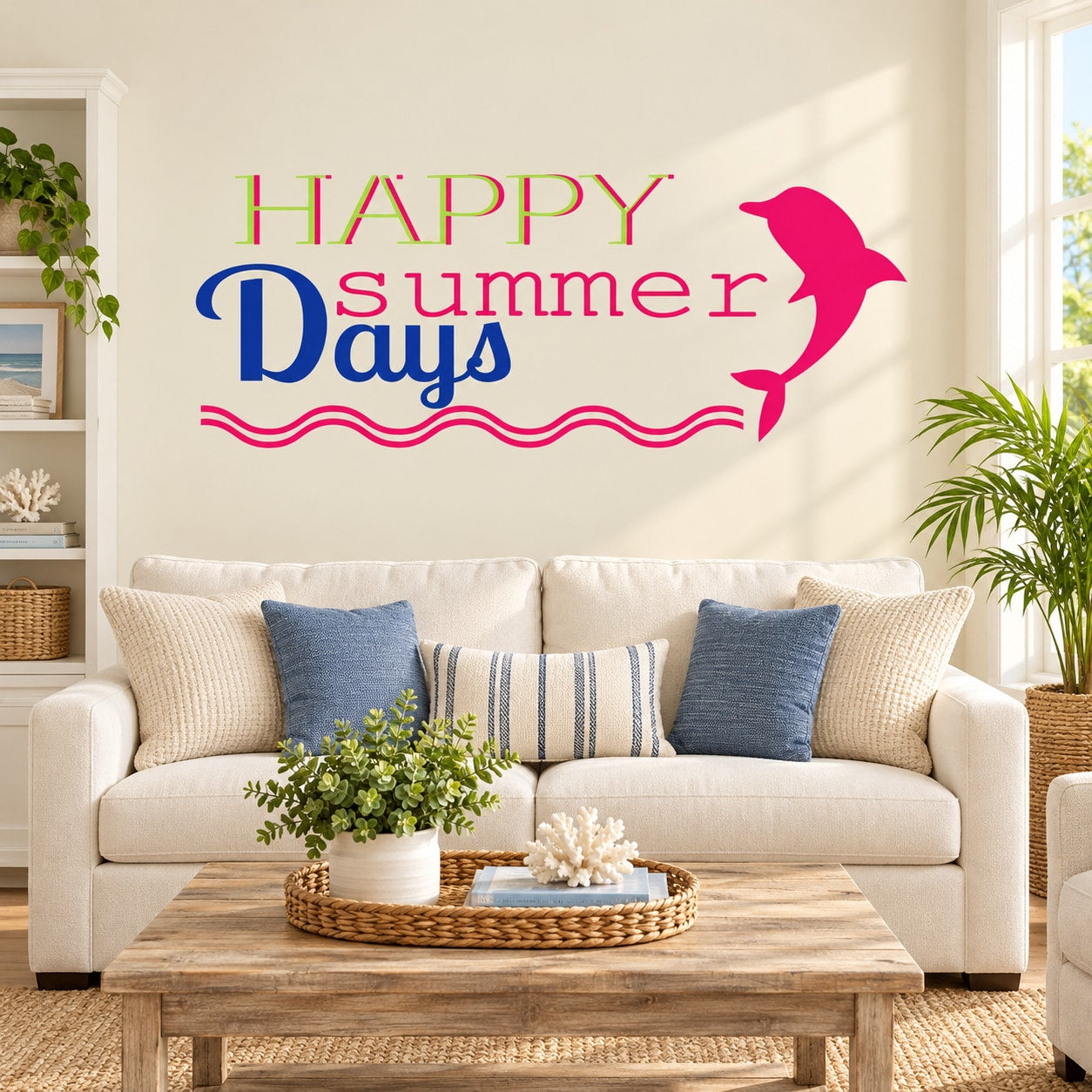 Happy summer days dolphin wall decal, colorful text with pink dolphin silhouette