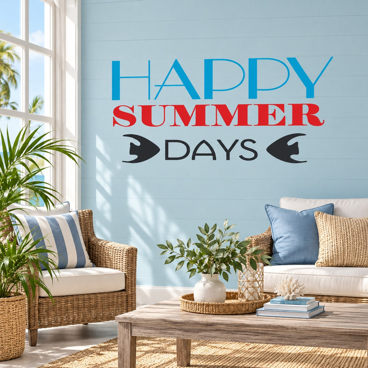 Happy Summer Days vinyl wall decal with fish and blue-red lettering