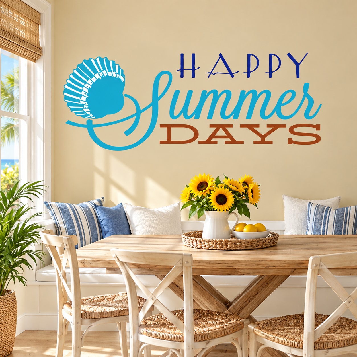 Happy Summer Days sea shell wall vinyl decal with blue and teal lettering