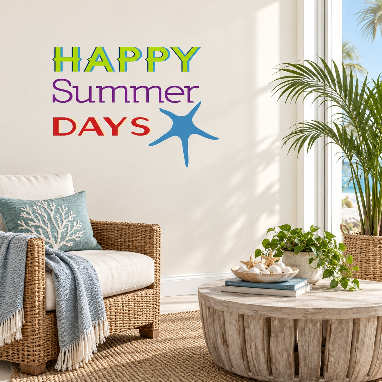 Starfish summer days quote vinyl wall decal with colorful text and blue starfish