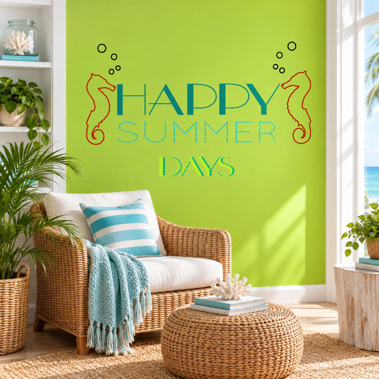 Sea horse wall decal with Happy Summer Days text and red seahorses
