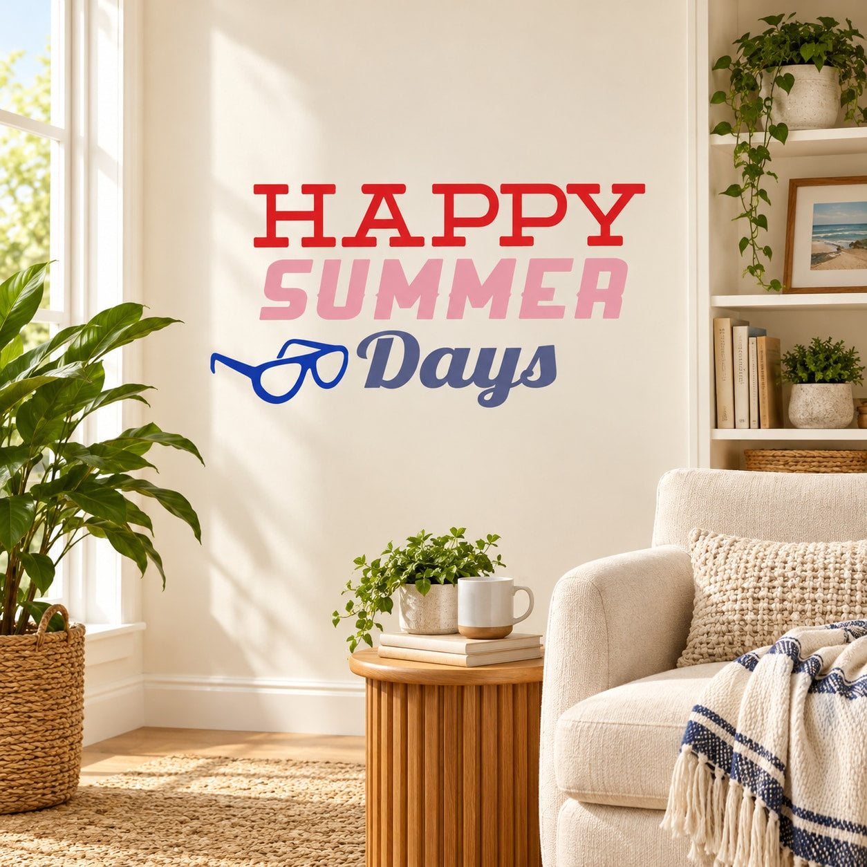 Happy Summer Days vinyl wall decal with red text and blue sunglasses icon