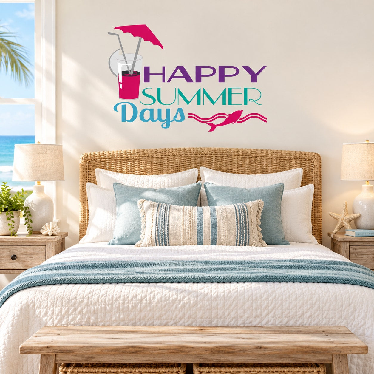 Vinyl wall decal with “Happy Summer Days” quote, drink glass and umbrella