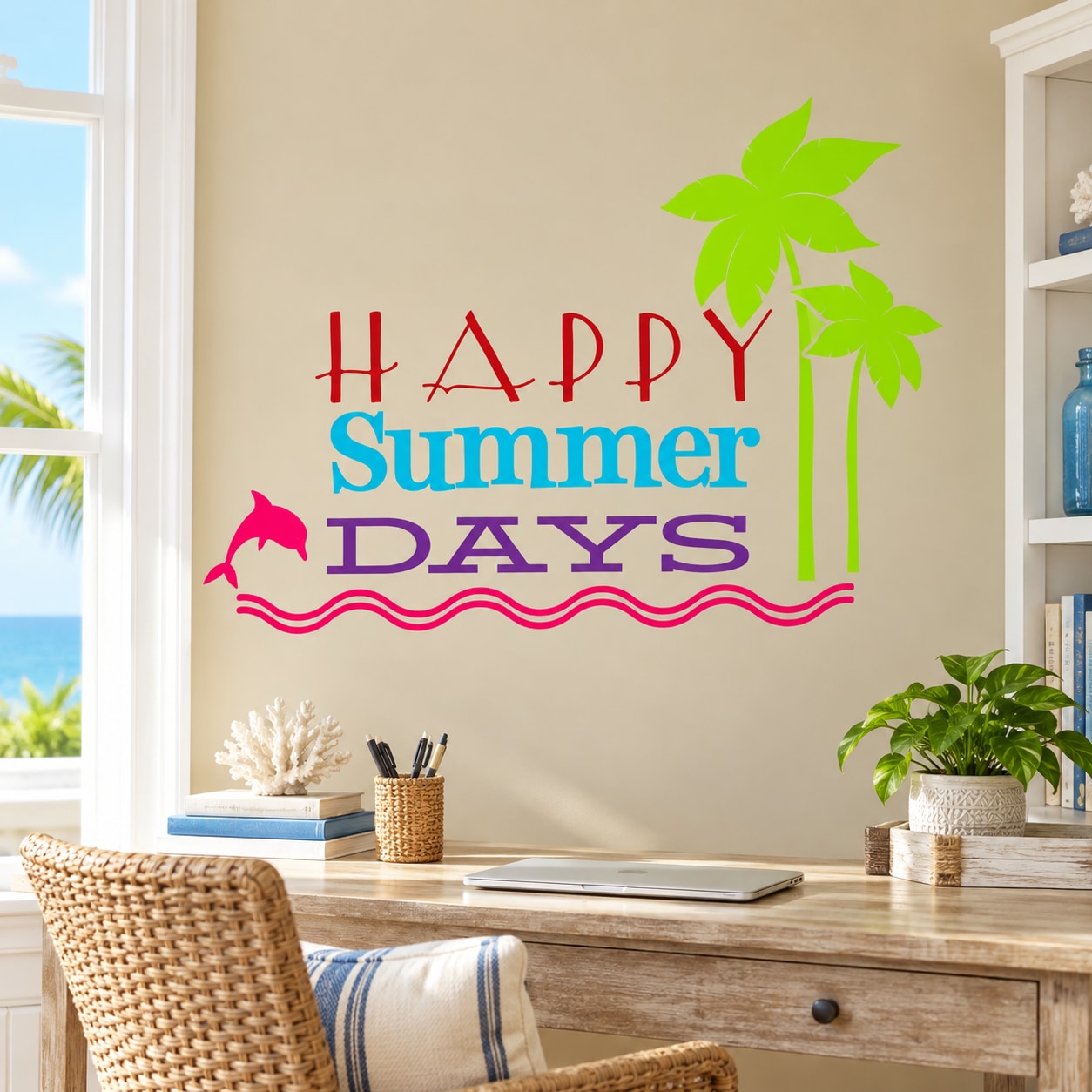 Happy Summer Days vinyl wall decal with dolphins, ocean waves, and palm trees