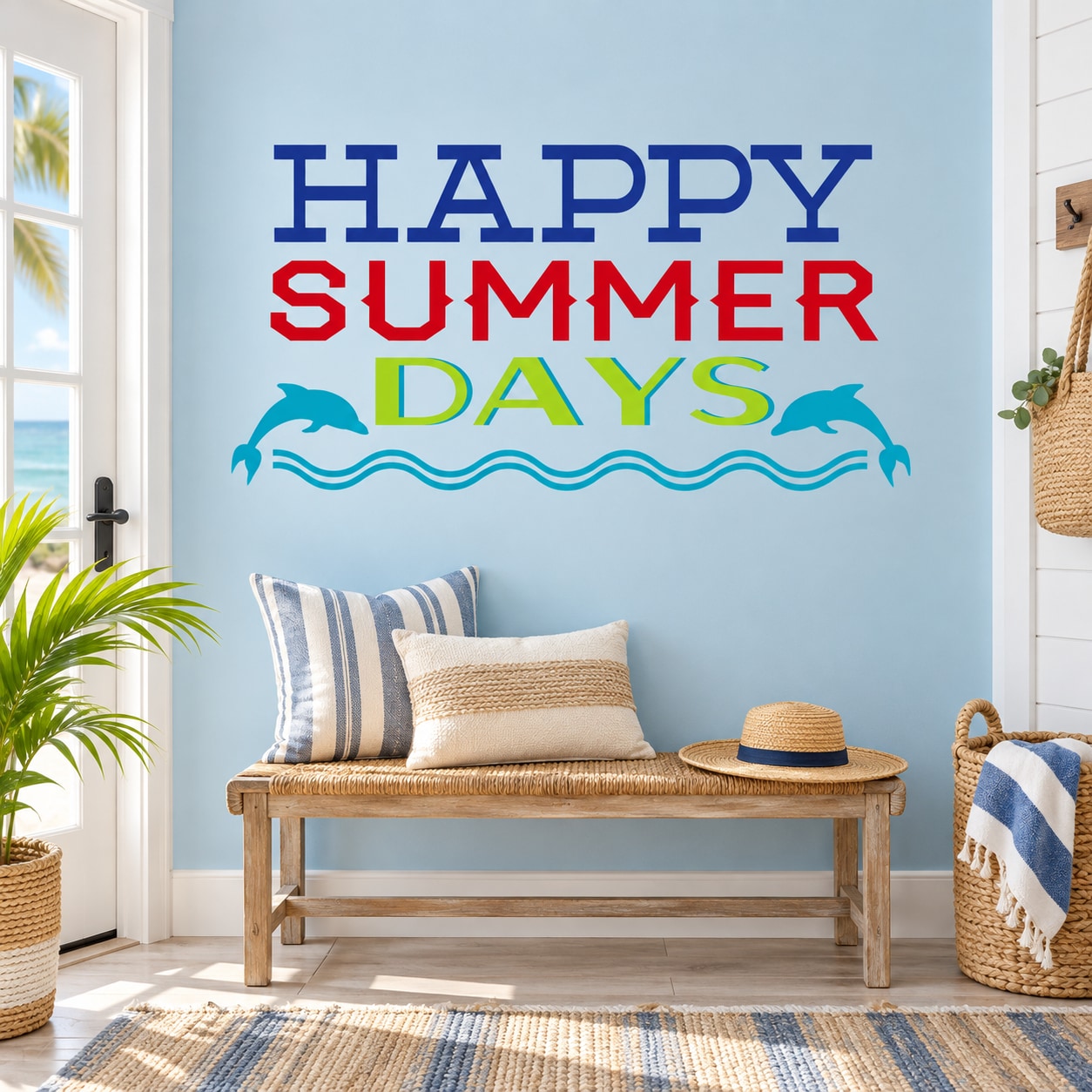 Happy Summer Days vinyl wall decal with dolphins and wave graphics