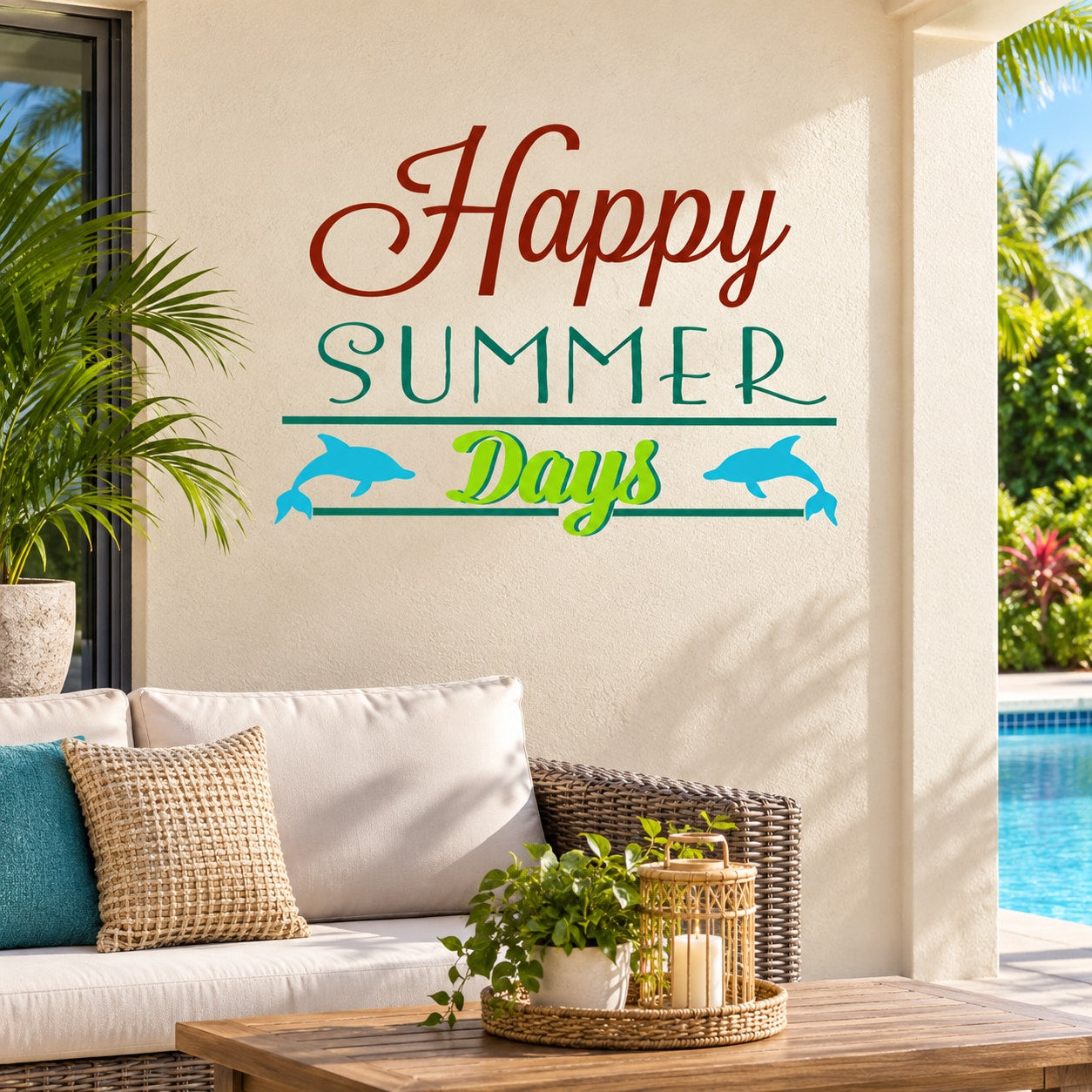 Happy Summer Days dolphin wall decal, colorful lettering and blue dolphin silhouettes