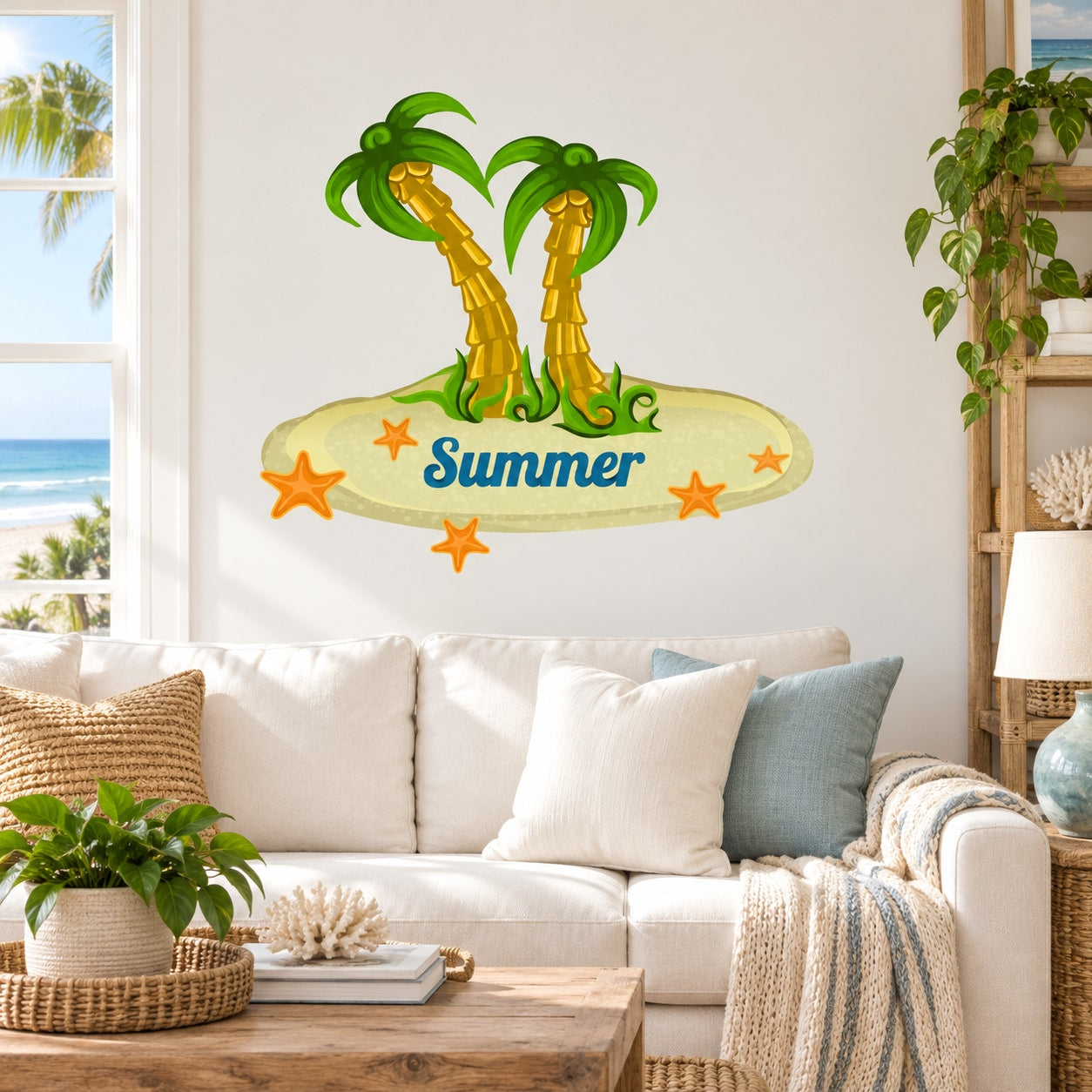 Summer wall vinyl decal with two gold palm trees, starfish, and 'Summer' text