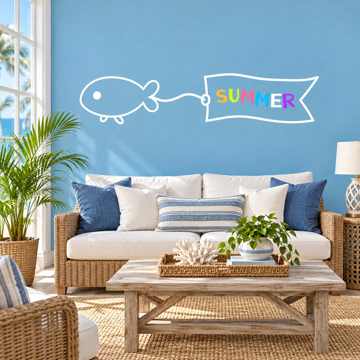 Fish and summer banner wall decal in white vinyl lettering