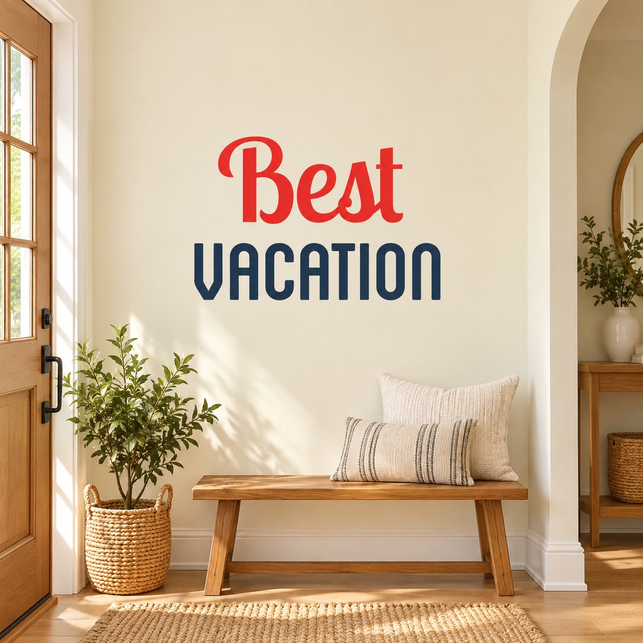 Wall decal with the words “Best VACATION,” “Best” in red and “VACATION” in navy blue