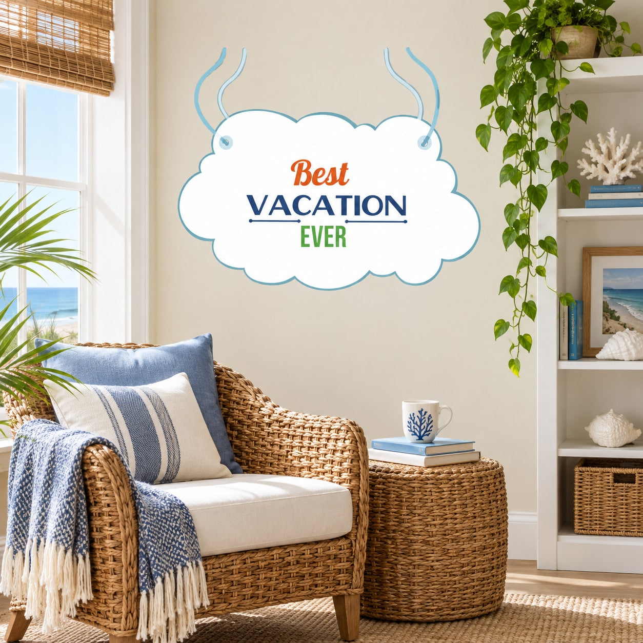 Vacation wall decal with white cloud reading “Best VACATION EVER” and blue curls