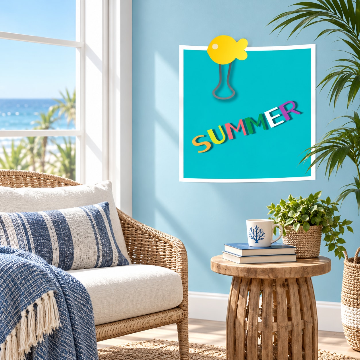 Summer-themed vinyl wall decal with yellow fish graphic and colorful “SUMMER” text
