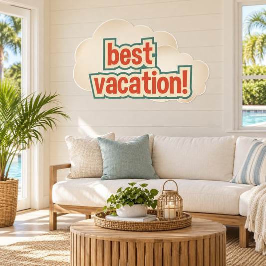 Cloud-shaped vinyl wall decal with colorful “best vacation!” lettering