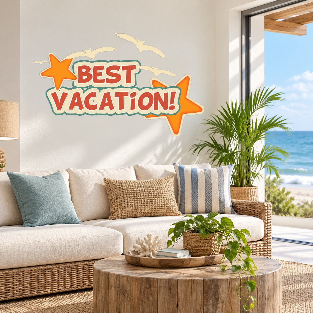 Vinyl wall decal reading “Best Vacation!” with starburst and orange letters