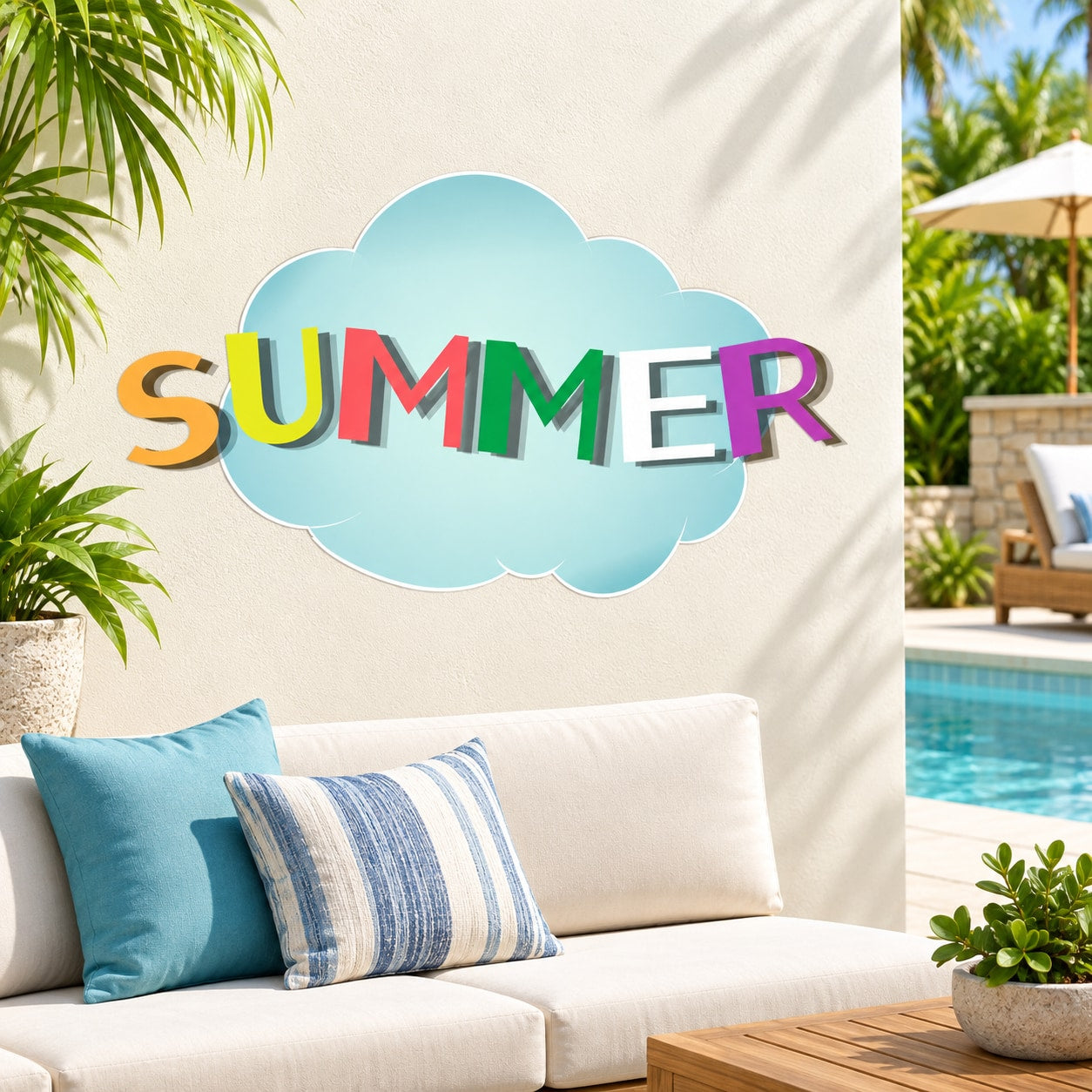 Summer wall decal with blue cloud shape and bold SUMMER text