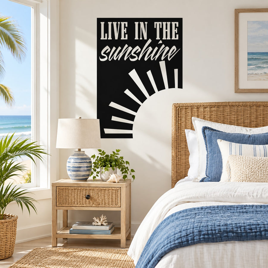 Wall decal with LIVE IN THE sunshine text and sunburst rays