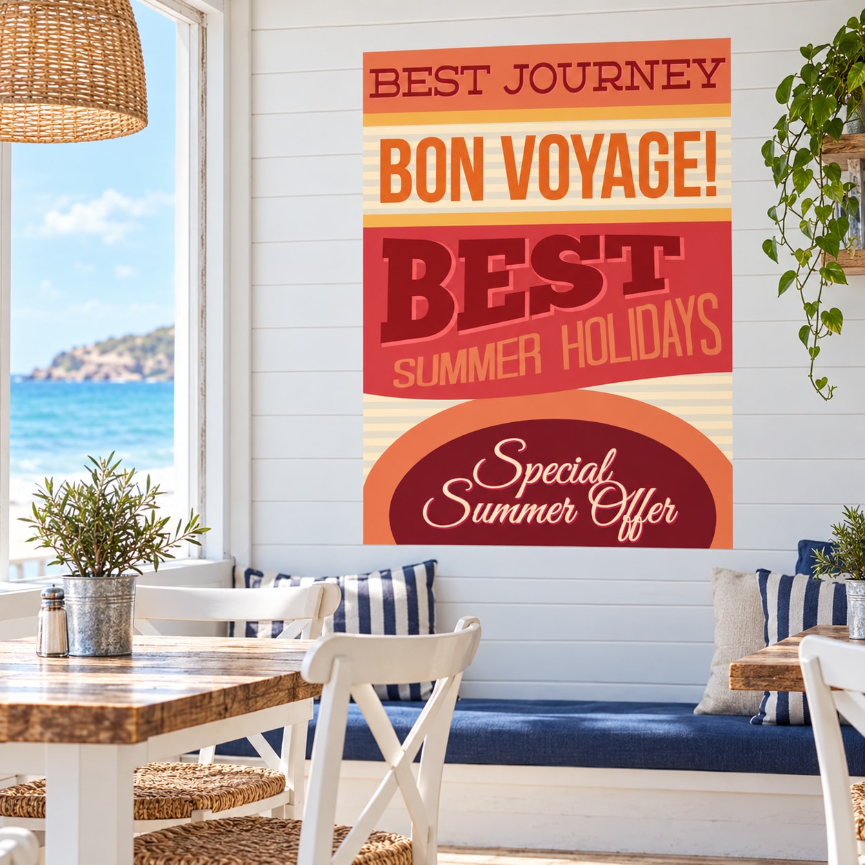 Vinyl wall decal with “Best Journey” and “Bon Voyage!” summer offer typography
