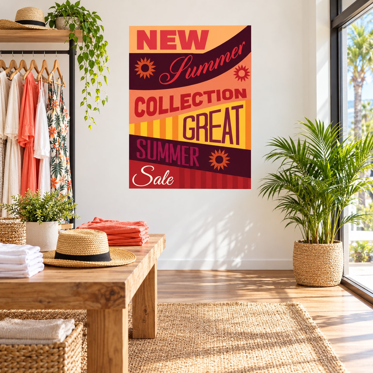 Square summer wall decal with colorful 'New Summer Collection Great Summer Sale' text