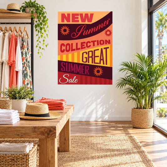 Square summer wall decal with colorful 'New Summer Collection Great Summer Sale' text