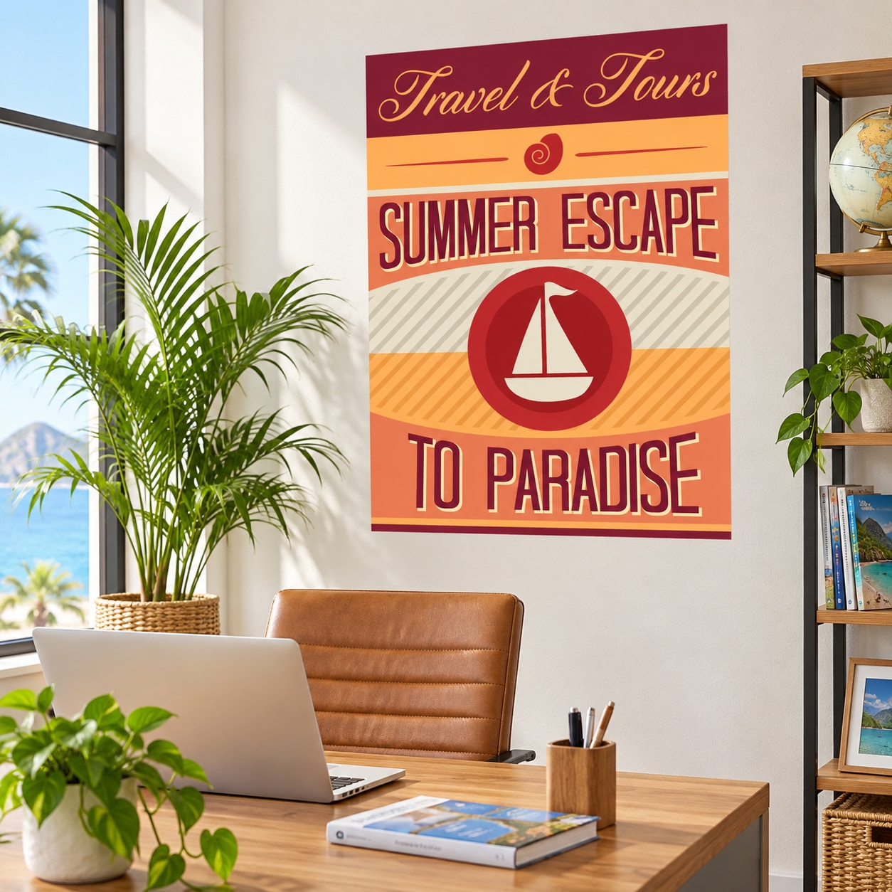 Summer travel wall decal: Travel & Tours, Summer Escape To Paradise, sailboat icon