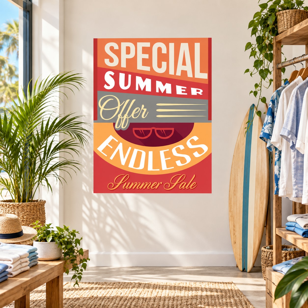 Colorful vinyl wall decal with SPECIAL SUMMER and ENDLESS typography, 'Summer Sale'