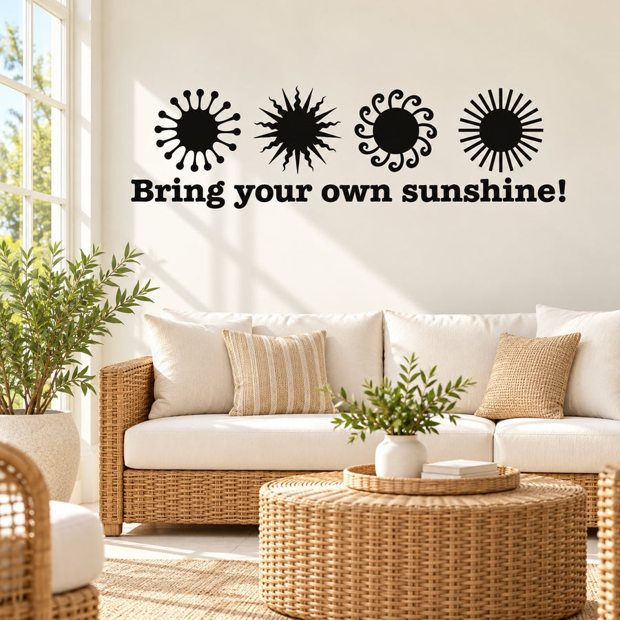 Wall decal with four black sunburst icons and text 'Bring your own sunshine!'