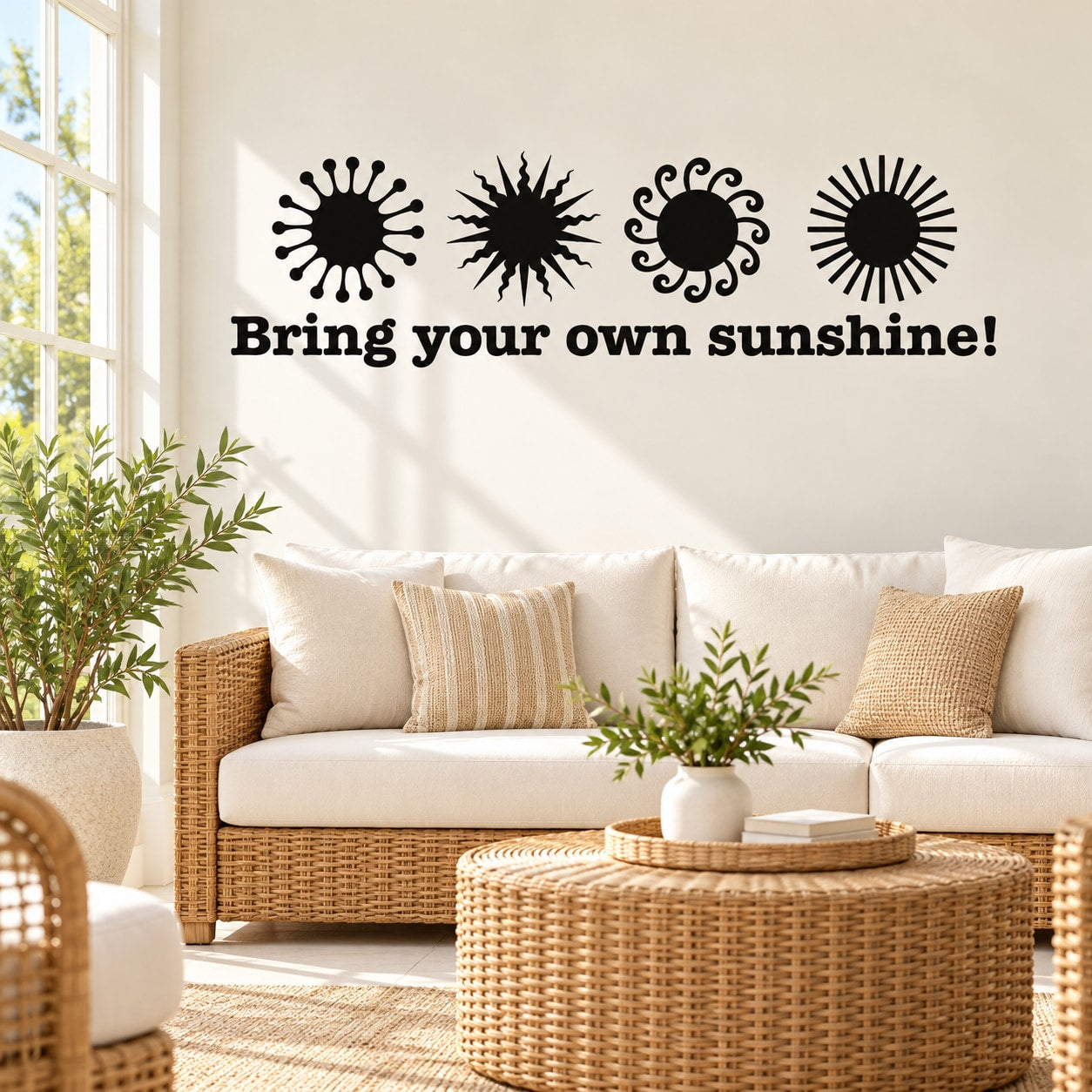 Wall decal with four black sunburst icons and text 'Bring your own sunshine!'