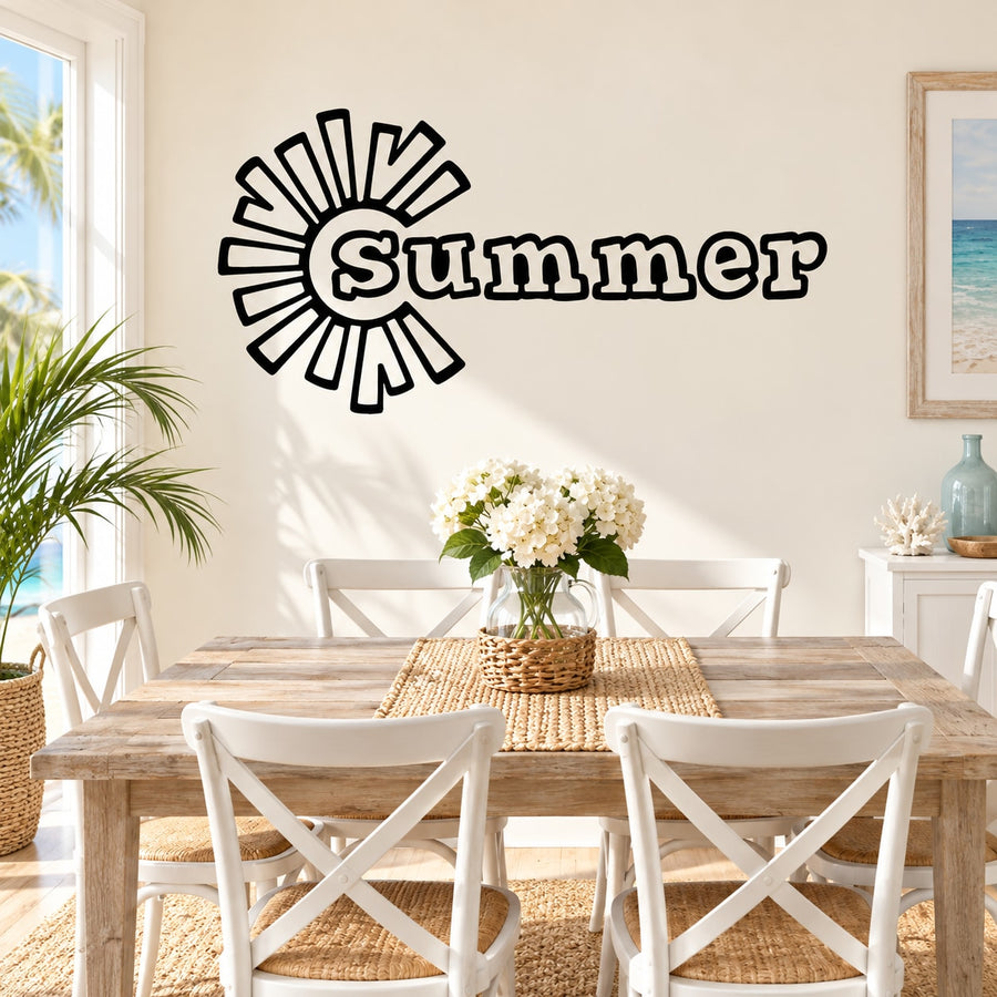 Black summer sunburst wall decal with bold cursive “Summer” text